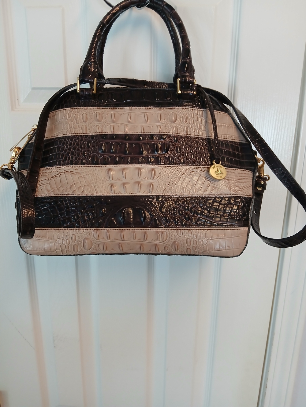 Brahmin Striped Croc-Embossed Dome Satchel in Beige and Dark Brown